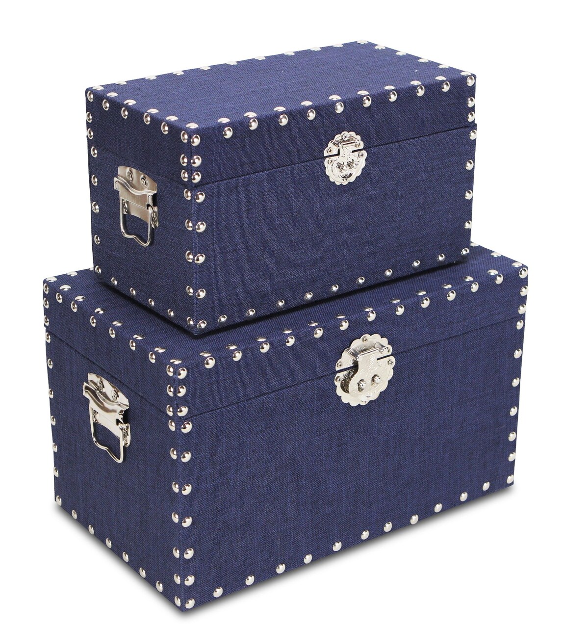 Contemporary Home Living Set of 2 Blue and Silver Rectangular Studded Boxes 13.5"
